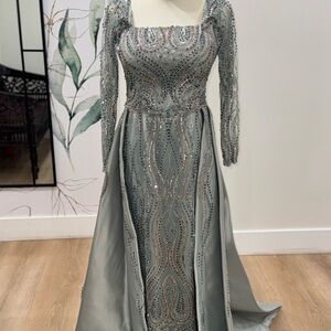Stunning Silver/ Sage Green Long Sleeve Evening Dress